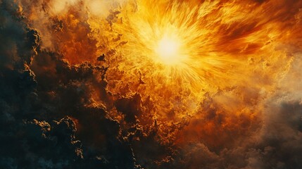 Fototapeta premium Radiant Sunburst Explosion in a Dynamic Sky with Dark and Golden Clouds