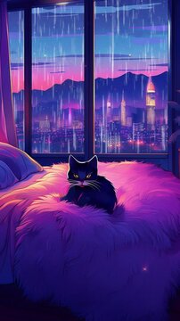 rain lofi loop video. cat on the bed. cat sleeping on the bed	