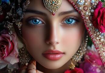 Fototapeta premium A beautiful girl with blue eyes wearing an Indian wedding dress, adorned with colorful flowers and intricate jewelry.