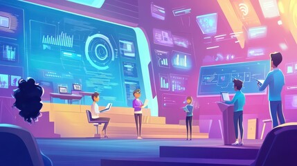 Modern technology in education isolated cartoon vector illustrations set. Digital podium in virtual class, data visualization, synchronized access to smart class, video conference vector cartoon.