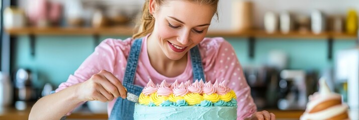 Woman Decorates Vibrant Cake in Cheerful Kitchen, culinary content with family baking.