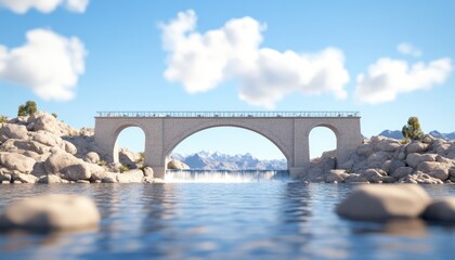 Fototapeta premium Scenic view of a stone bridge over calm waters surrounded by rocky terrain and mountains