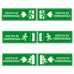 Green uscita di emergenza signs on a white background with copy space (trad. emergency exit)