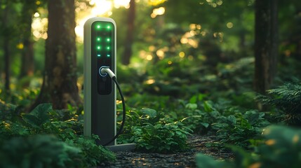Modern EV charging station displays glowing green LED indicators and white cables against blurred foliage backdrop, embodying sleek industrial design and sustainable energy infrastructure.
