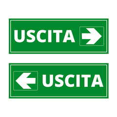 Green uscita signs with arrows on a white background (trad exit)