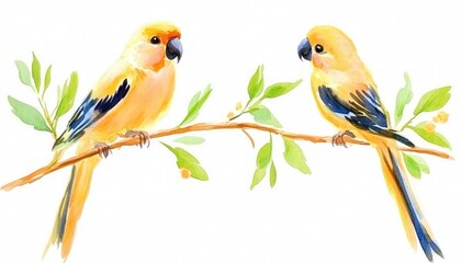 Fototapeta premium Two vibrant yellow birds perched on a branch with green leaves, showcasing nature's beauty and tranquility