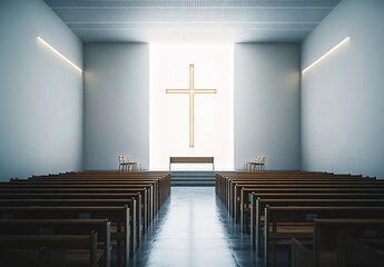 Naklejka premium A modern church with an empty cross on the wall, a bright window in front of it, and wooden pews along both sides. 
