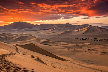 Fototapeta premium Dramatic sunset over desert dunes and mountains.