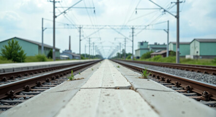 Naklejka premium perspective view of a railway track stretching towards the featuring small plants growing on the platform