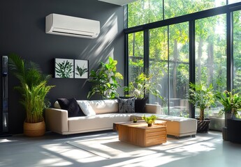 Fototapeta premium A modern living room with an air conditioner and large windows, featuring indoor plants and contemporary furniture. 