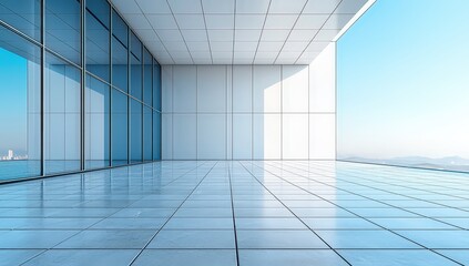 A white modern building with large windows on the left side, a clear blue sky in the background