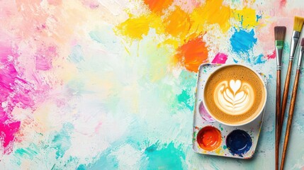 An artist's studio filled with vibrant colors, featuring a masala coffee latte on a palette-shaped plate, surrounded by paintbrushes and bursts of colorful paint splatters.