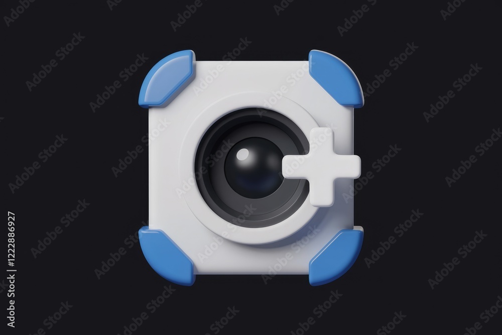Poster 3d render of a camera icon with a plus sign, symbolizing adding or creating new photos.