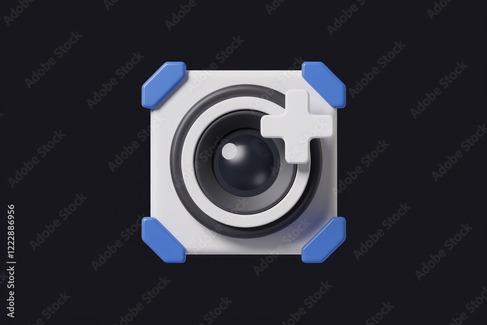 Aufkleber 3d render of a camera icon with a plus sign, indicating adding or creating new content.