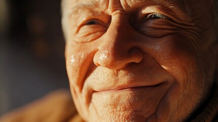Close up portrait of a smiling elderly man, showing wrinkles and age.