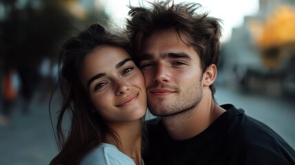 Fototapeta premium A joyful couple poses closely, sharing smiles against a blurred urban background, capturing a moment of affection and connection.
