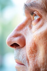 Naklejka premium Close Up, Wrinkled Face of Senior Man, Contemplative Expression, Soft Focus Background