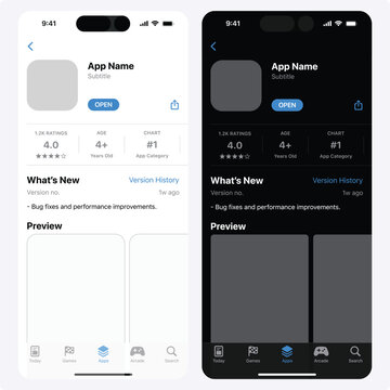 Applictiona Store listing template. Store for mobile apps mock-up. App page profile with rating screen. Vector illustration.