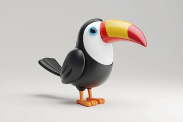 A cute 3D rendered toucan with a large, colorful beak stands against a plain white background.