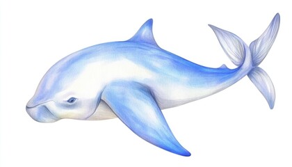 A serene illustration of a dolphin swimming gracefully in clear waters, surrounded by a tranquil underwater scene