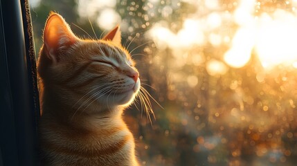 Ginger tabby cat smiles contentedly in car window during sunset, capturing serene moment with golden hour lighting against blurred natural background.