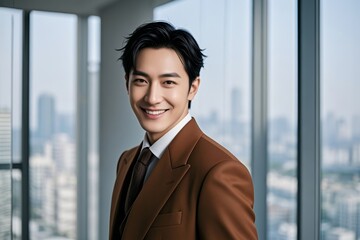 arafed asian man in a suit and tie standing in front of a window