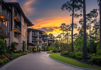 Obraz premium A stunning photograph of the exterior of an apartment complex in The Woodlands, Texas, at sunset.