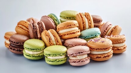 Minimalist vibrant macaron arrangement on a pastel background.