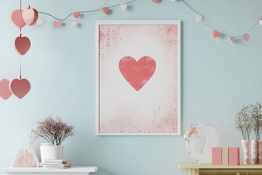Valentine's-themed poster with heart and romantic quote, pastel-colored wall, subtle festive decor