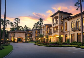 Fototapeta premium A stunning photograph of the exterior of an apartment complex in The Woodlands, Texas, at sunset.