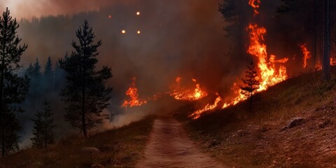 Intense forest fire with smoke and flame in dense woodland environment