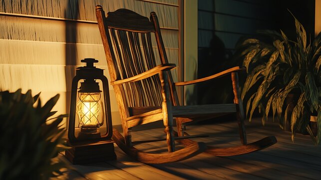 Classic antique wooden rocking chair on a porch with a vintage lantern beside it casting a soft glow