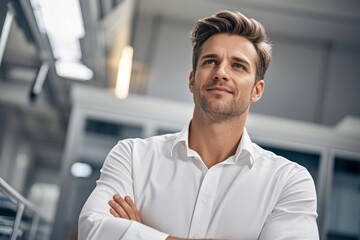 Obraz premium arafed man in a white shirt standing with his arms crossed