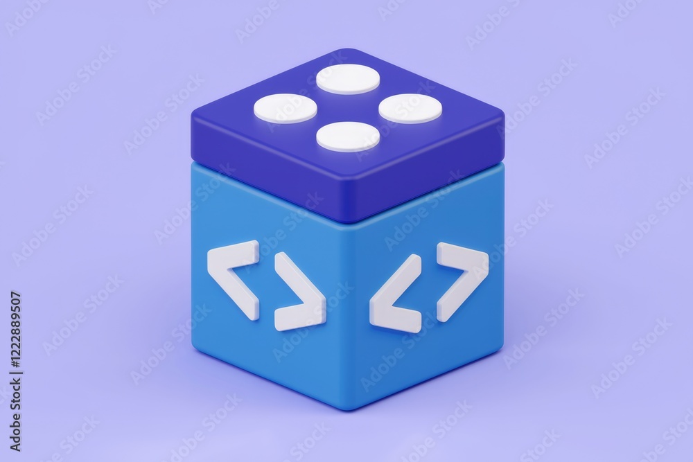 Poster a 3d render of a blue cube with white chevrons and circles, symbolizing coding and development.