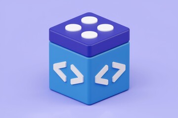 A 3D render of a blue cube with white chevrons and circles, symbolizing coding and development.