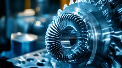 A Close-Up of a Quality Control Process in a Factory, a Worker Inspecting Precision-Machined Parts Under Bright LED Lighting