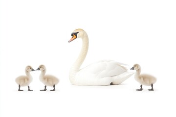 Obraz premium A serene scene featuring a swan and its cygnets in a minimalist setting, highlighting family bonds