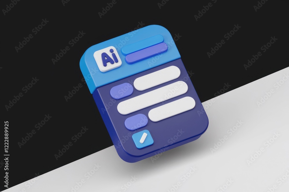 Poster 3d rendering of a blue and purple ai form with input fields and an edit button.