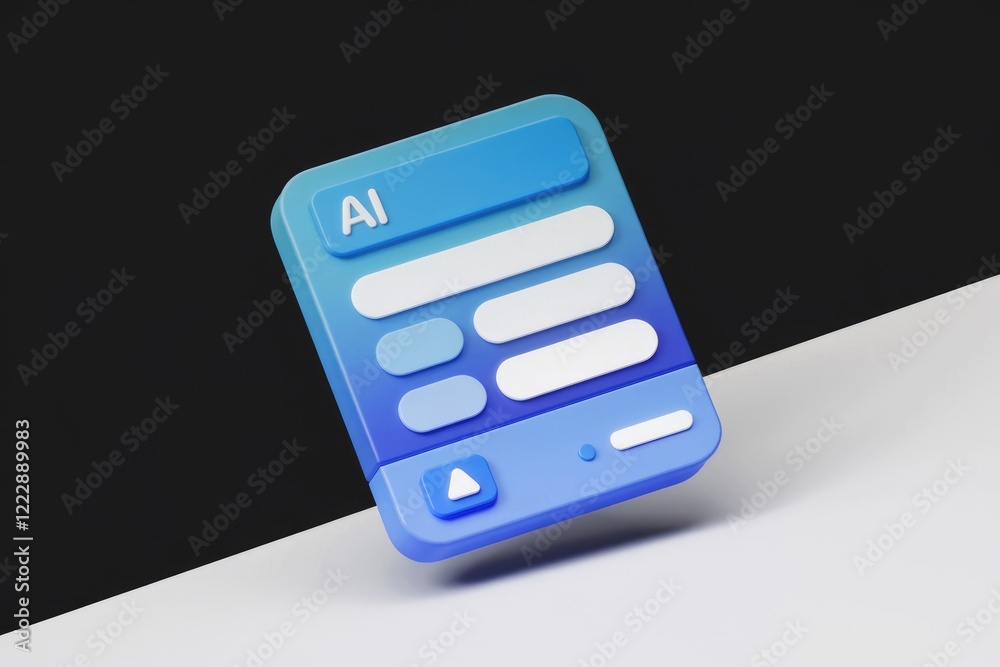 Poster 3D render of a blue AI form with input fields and a submit button.