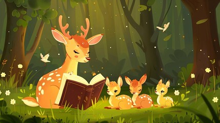 Enchanting Deer Reading Story to Adorable Young Animals - Magical Fairy Tale Scene