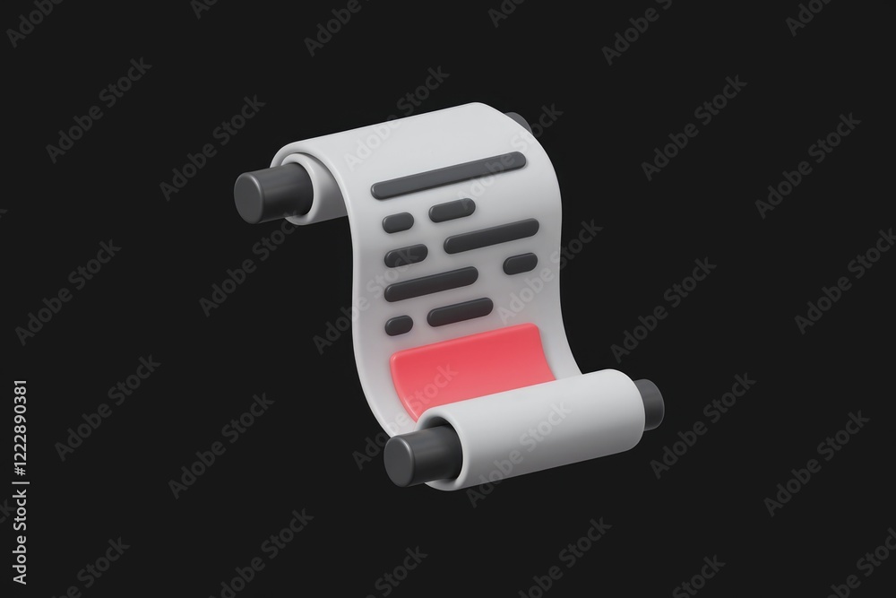 Poster 3D rendering of a scroll with text and a red highlight, symbolizing a document or message.
