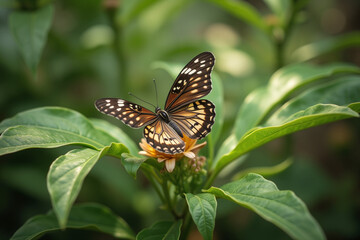Butterfly resting on jungle flower with intricate wing patterns