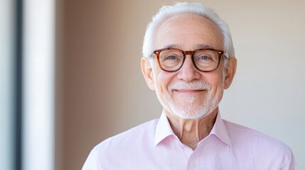 Happy senior man portrait, indoors, neutral background, for retirement or healthcare