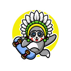 A cute raccoon wearing a feathered headdress skateboarding