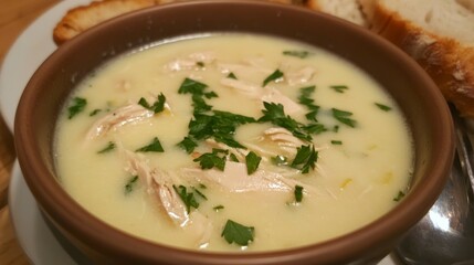 A Bowl of Avgolemono, a Greek Lemon Chicken Soup, Creamy and Silky, Garnished with Fresh Parsley and Served with Crusty Bread
