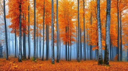 Fototapeta premium Autumnal Forest Scene With Vivid Orange Leaves And Misty Air