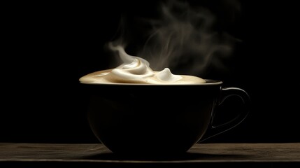A steaming cup of coffee with frothy white milk.
