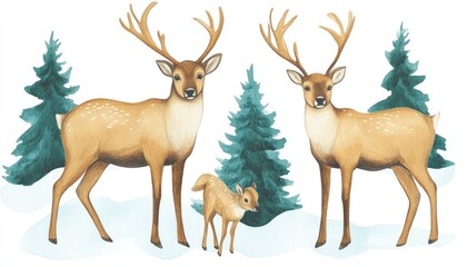 Obraz premium Group of deer standing in a snowy landscape surrounded by evergreen trees, showcasing a serene winter scene