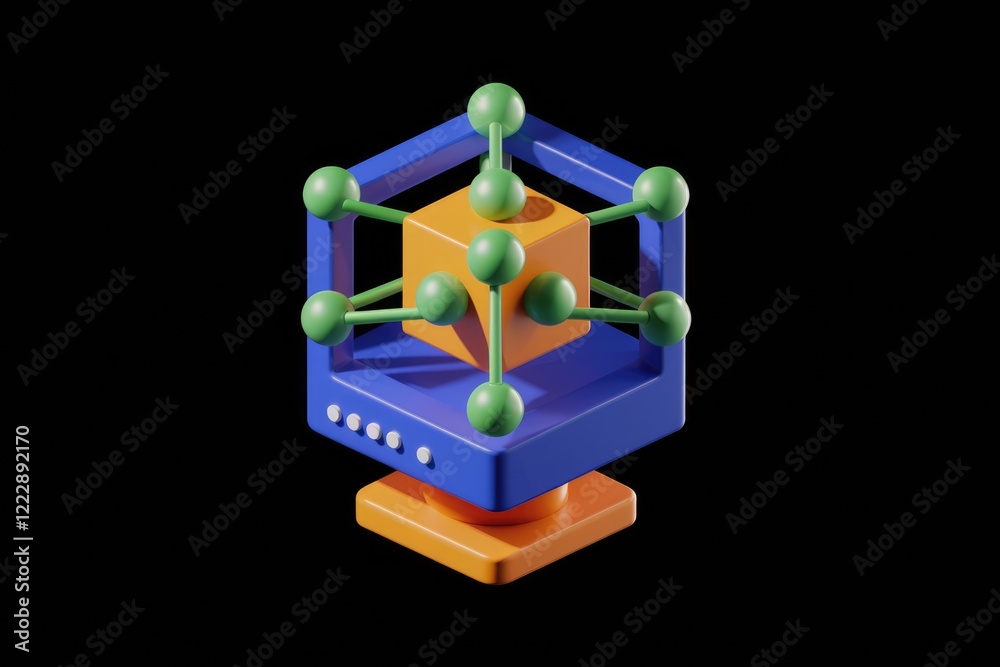 Poster Abstract 3D rendering of a colorful cube connected to spheres, symbolizing network connection or data structure.