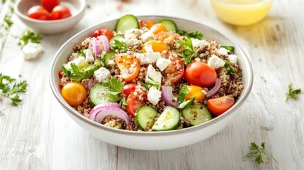 A bowl of vibrant quinoa salad with cherry tomatoes, cucumbers, red onions